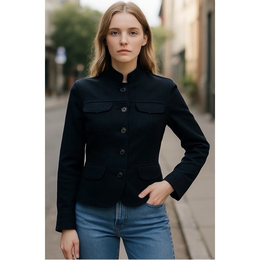 Lafayette 148 New York Mandarin Collar Black Blazer Jacket SZ 12 Military Style